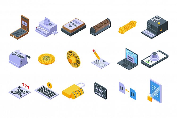 Cipher icons set, isometric style example image 1