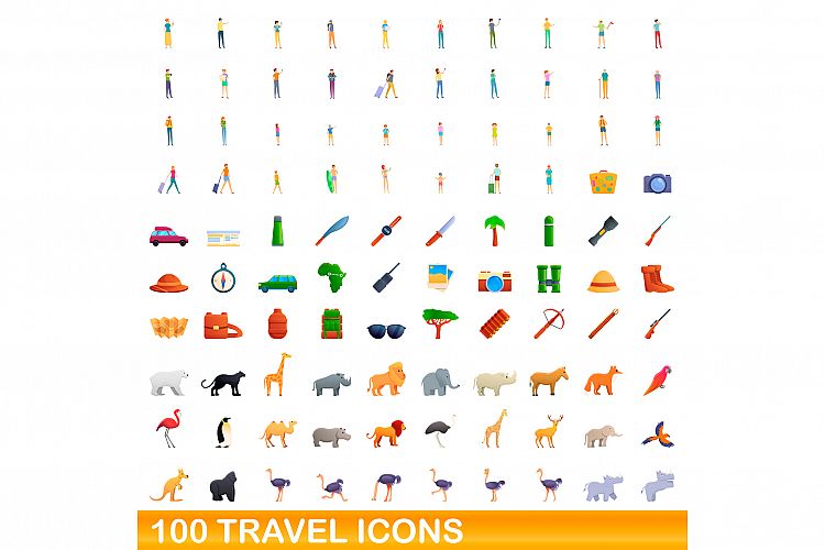 100 travel icons set, cartoon style example image 1