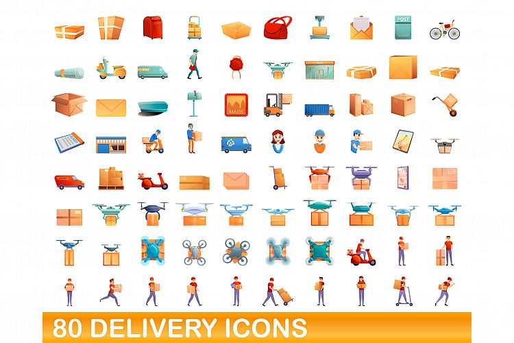 80 delivery icons set, cartoon style example image 1
