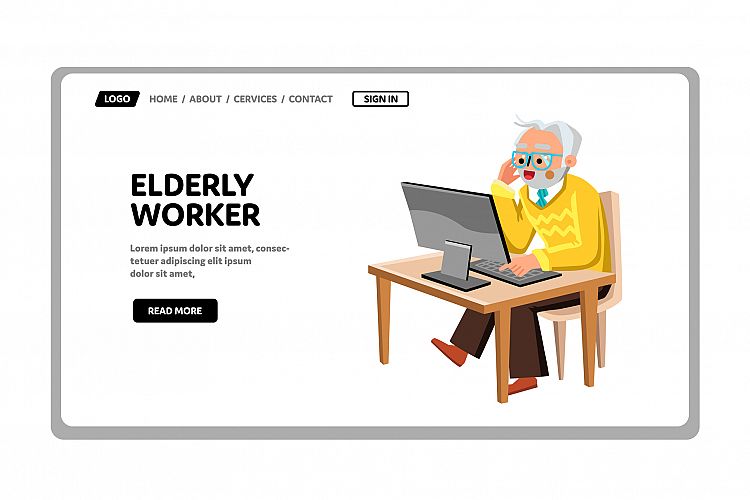 Elderly Worker Working At Computer Screen Vector example image 1