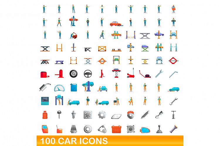 100 car icons set, cartoon style example image 1