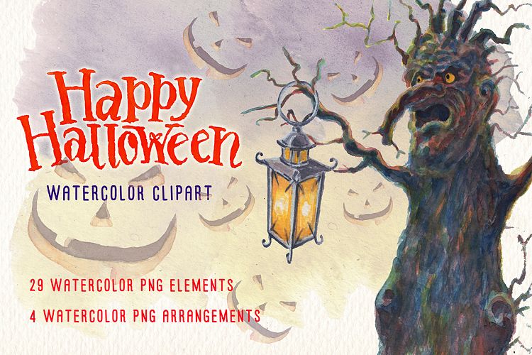 Happy halloween watercolor clipart set.