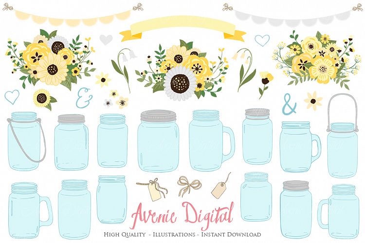 Yellow and Grey Mason Jar Floral Wedding Clipart