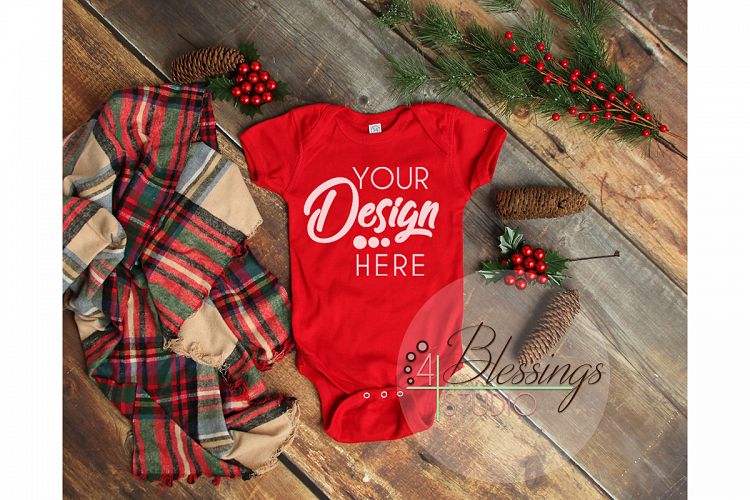Christmas Mockup Red One piece bodysuit Winter Flat Lay