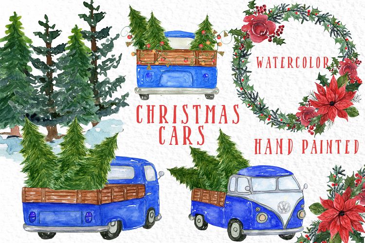 Watercolor Christmas Trucks clipart