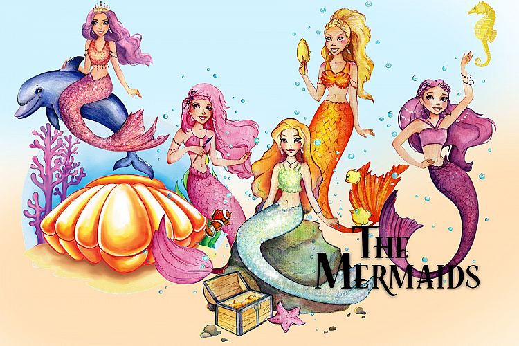 Watercolor Colorful Mermaids by Whimseez