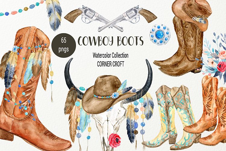 Watercolor Collection Cowboy Boots and Boho Skull