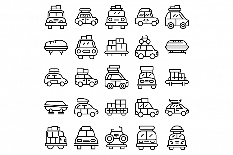 Car roof box icons set, outline style