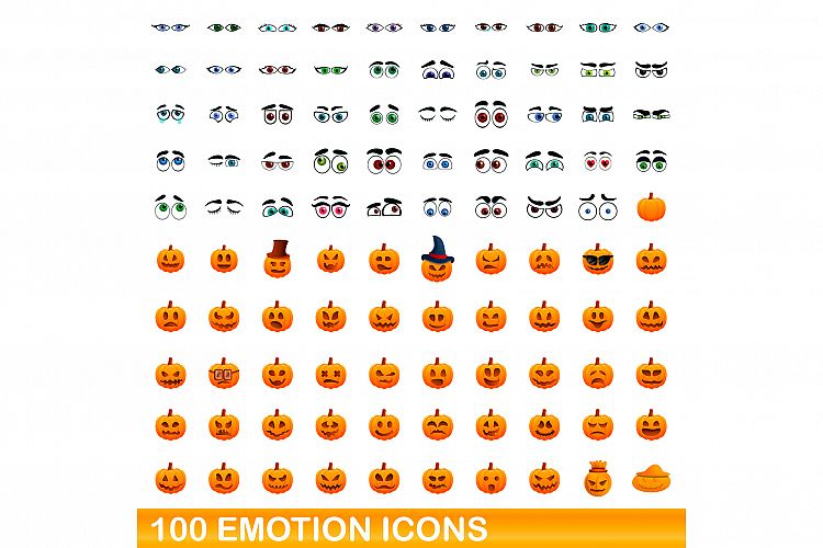 100 emotion icons set, cartoon style example image 1