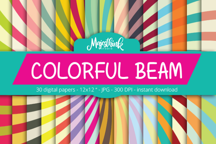 Rainbow Digital Paper - COLORFUL BEAM - with Light Sunburst Ray shape and stripes many color printables 