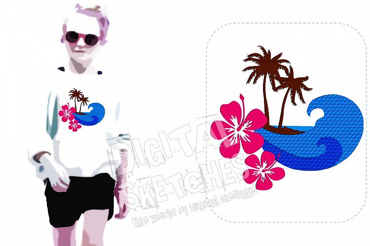 Island Palms Waves Hibiscus Embroidery Design 3 Sizes