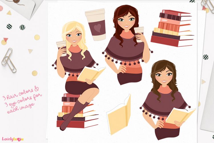 Book lover woman character clip art (L285 Brook)