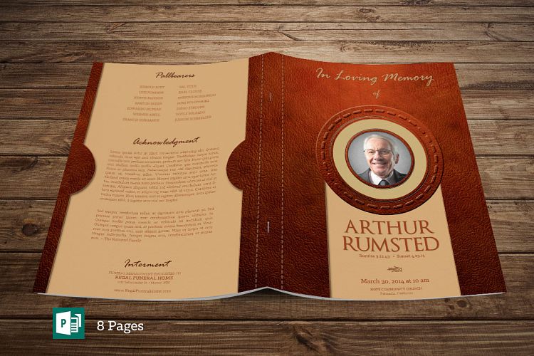 Leather Funeral Program Publisher Template - 8 PAGES