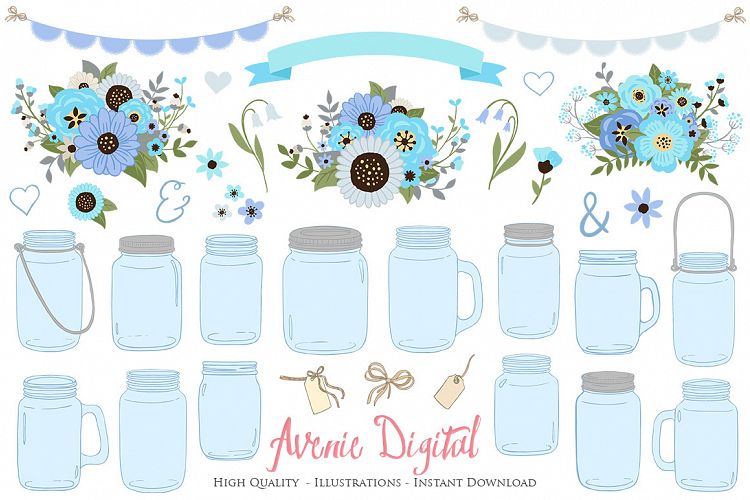 Blue and Gray Floral Mason Jar Wedding Clipart