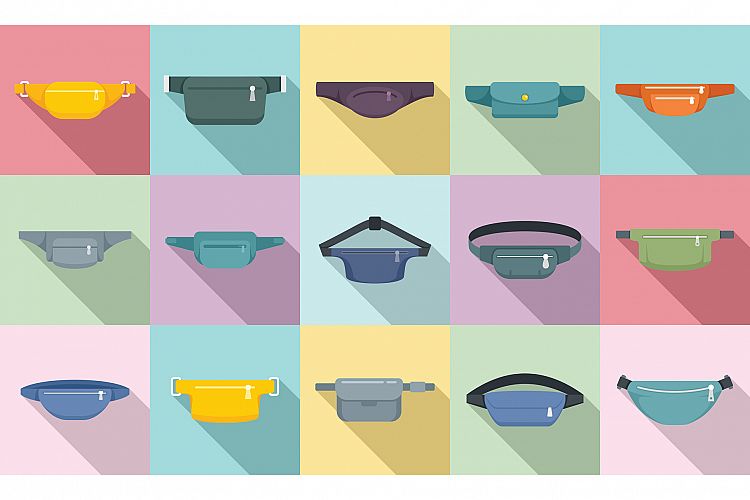 Waist bag icons set, flat style example image 1