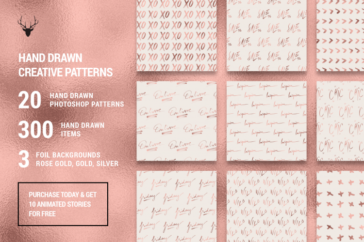 Rose Gold Hand Drawn Pattern Pack - Gold, Silver and Rose Gold Photoshop Patterns
