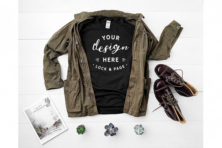 Black Gildan 5000 T-Shirt Mockup Masculine Apparel Flat Lay
