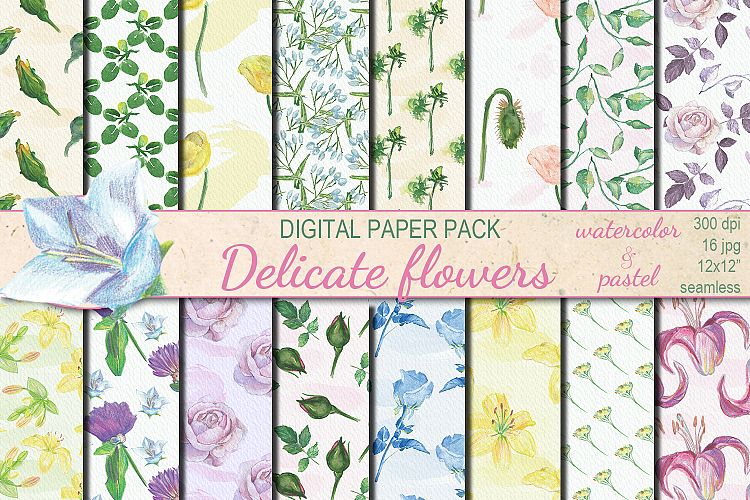 Watercolor Delicate flowers seamless digital paper pack