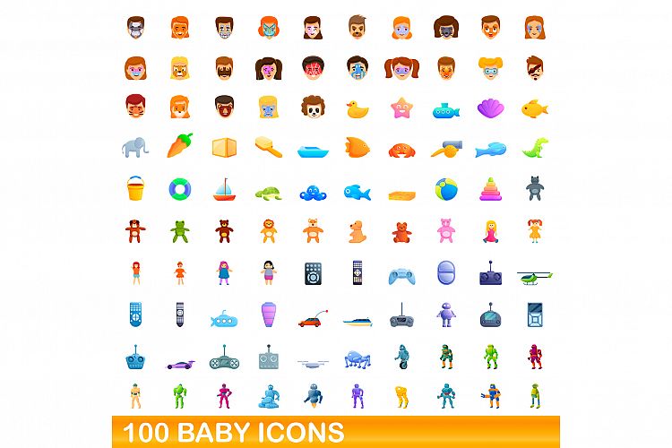 100 baby icons set, cartoon style example image 1