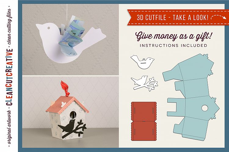 Give money - Cash gift - Money Bird & Birdhouse 3D craft - SVG DXF EPS PNG - for Cricut & Silhouette - clean cutting files