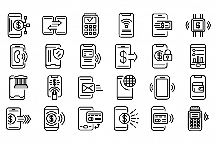 Mobile payment icons set, outline style