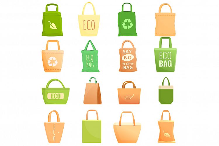 Eco bag icons set, cartoon style