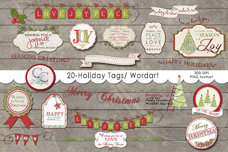 20 Holiday Tags- Elements/ Wordart/ Clipart