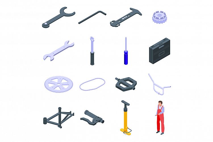 Bicycle repair icons set, isometric style example image 1