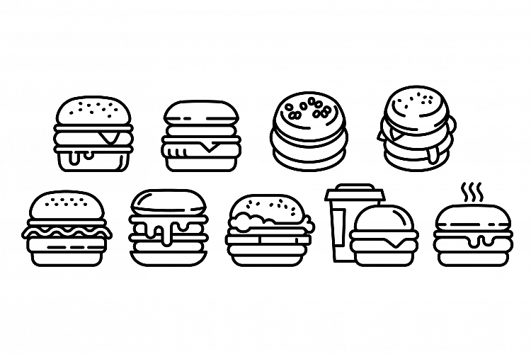 Burger icons set, outline style