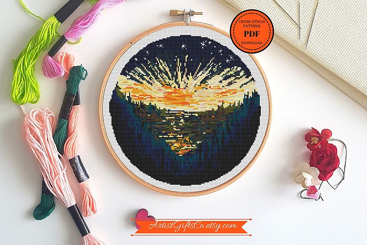 Sunset Landscape Cross stitch pattern PDF Embroidery design