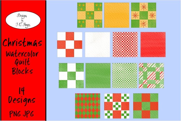 Christmas Watercolor Quilt Blocks, Mix and Match, PNG, JPB
