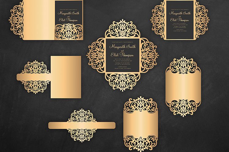 Laser cut wedding invitation Set, 5x7, Cricut Template, Gate Fold, Tri fold pocket Envelope, Bellyband - SVG, DXF, Cricut, Silhouette Cameo