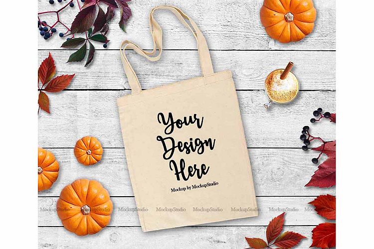 Fall Tote Bag Mock Up White Canvas Tote Pumpkin Flat Lay