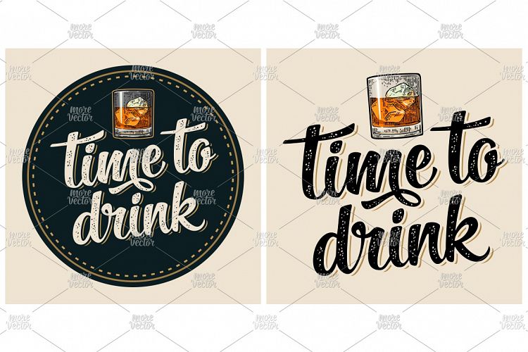Coaster with glass whiskey with ice cubes engraving