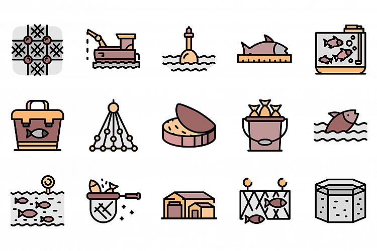 Fish farm icons set line color vector example image 1