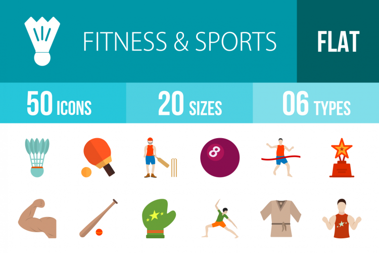 50 Fitness & Sports Flat Multicolor Icons