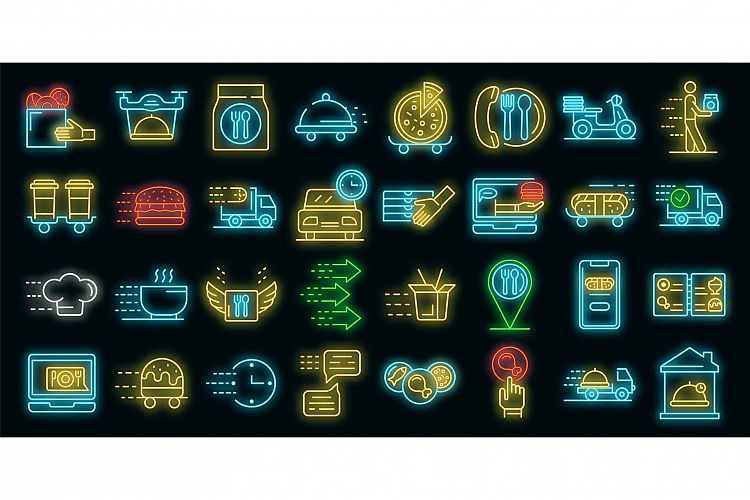 Food delivery service icons set vector neon example image 1
