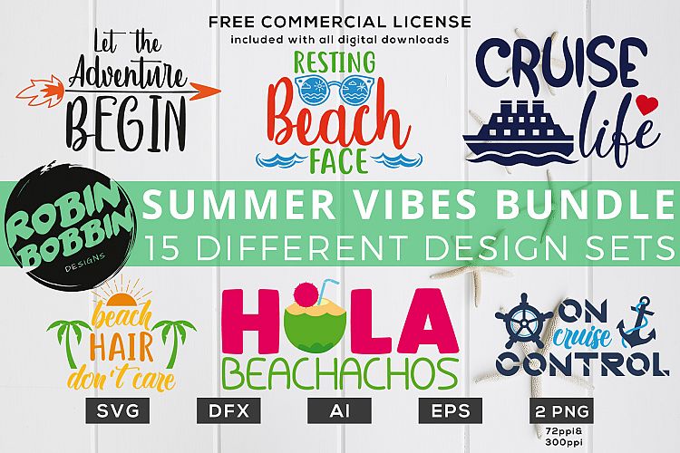 Summer Vibes Bundle of 15 Designs - SALE - Files for Cutting Machines Cameo Cricut, Flamingo, Be A Pineapple, Shady Beach, Vacation, Spring