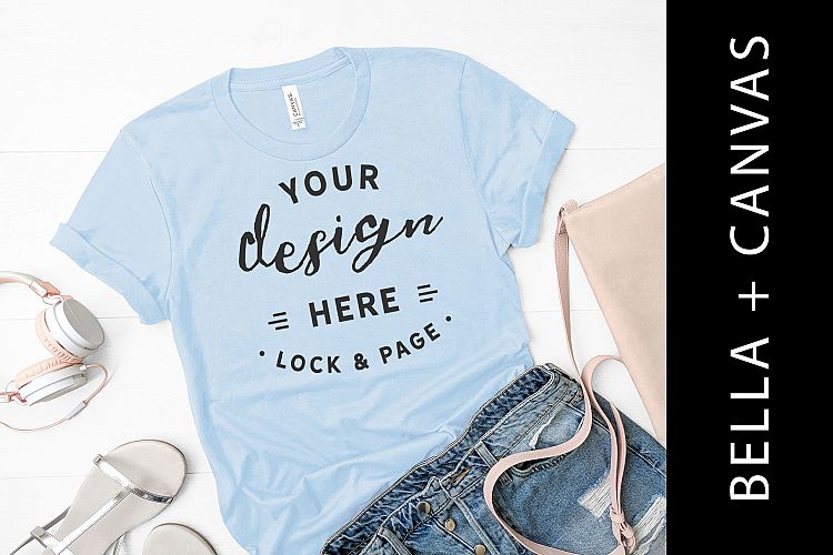 Light Blue Bella Canvas 3001 T-Shirt Mockup White Wood Floor
