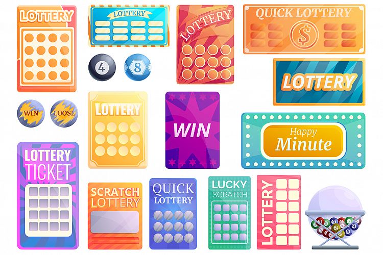 Lottery icons set, cartoon style