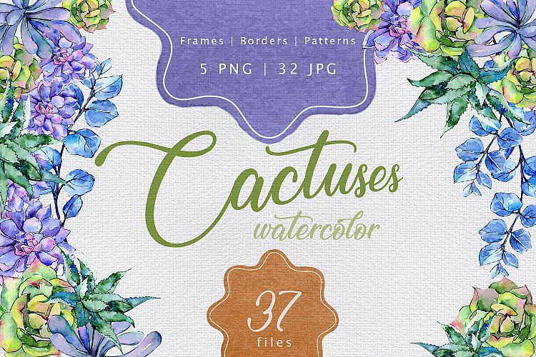 Colorful cactuses PNG watercolor set