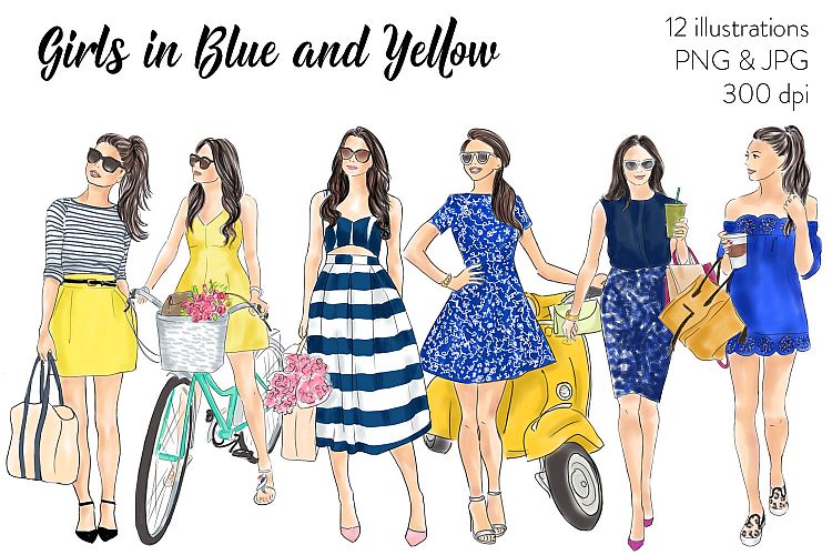 Watercolor fashion illustration - Girls in blue and yellow