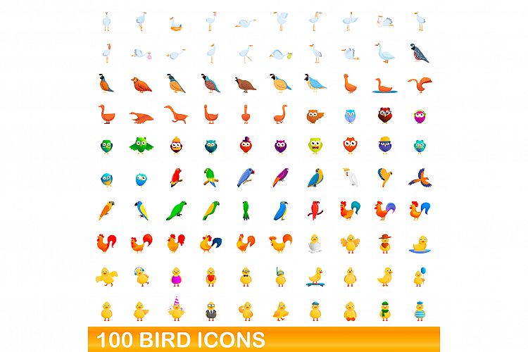 100 bird icons set, cartoon style example image 1