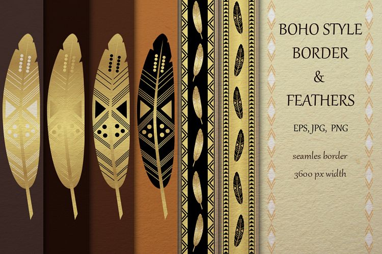 Boho style tribal border and feather collection