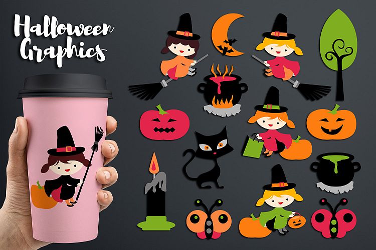 Halloween witch clipart - soup pot, cat, moon, pumpkin