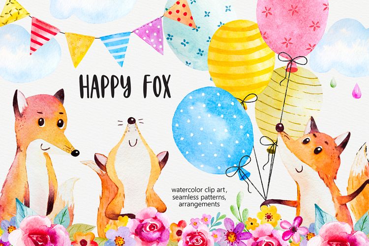 Happy fox watercolor clip art
