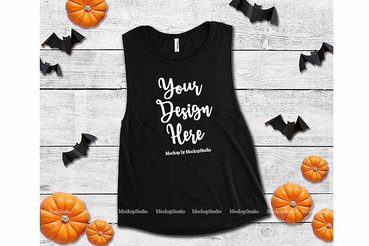 Halloween Black Tank Top Mockup, Bella Canvas 8803 Flat Lay