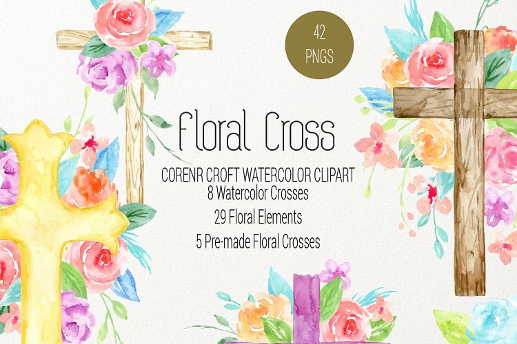 Watercolor clipart floral cross