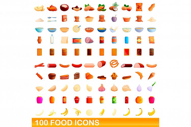 100 food icons set, cartoon style example image 1
