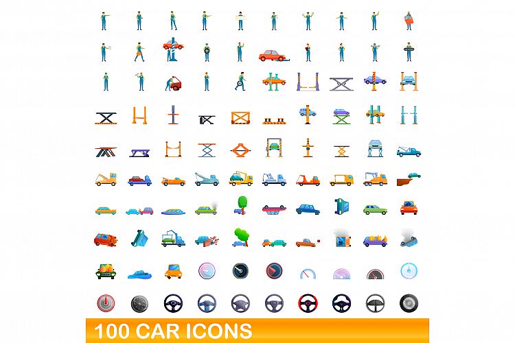 100 car icons set, cartoon style example image 1